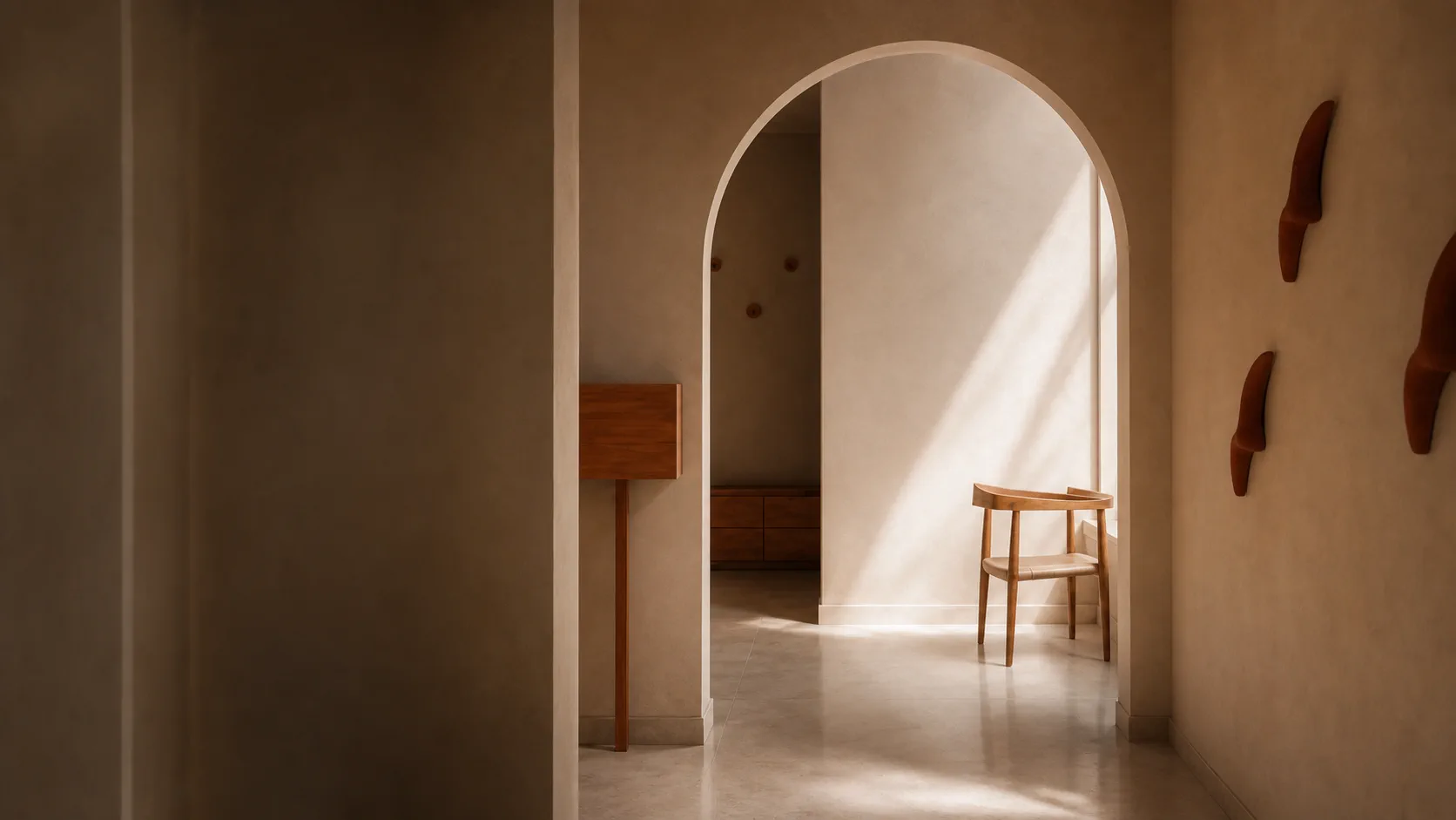 Interior em tons terrosos com um grande arco e cadeira de madeira